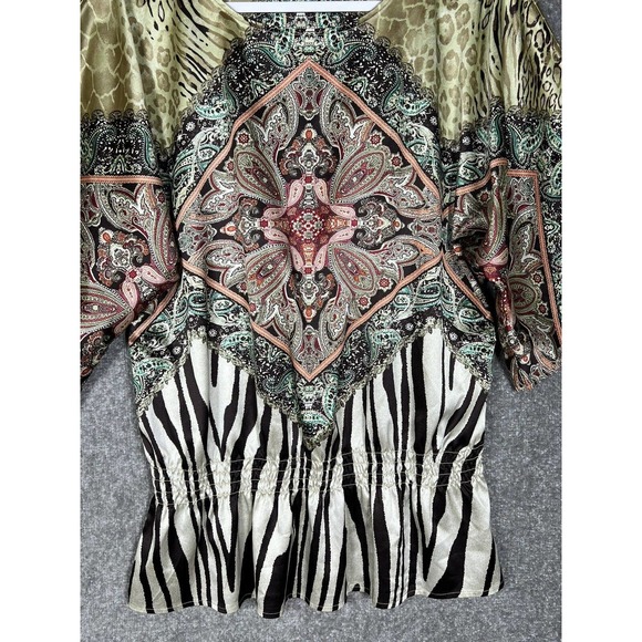Chicos Lynda Zebra Mix Top Size 12 Peplum 3/4 Sleeve Paisley Satin Smocked - Picture 4 of 8
